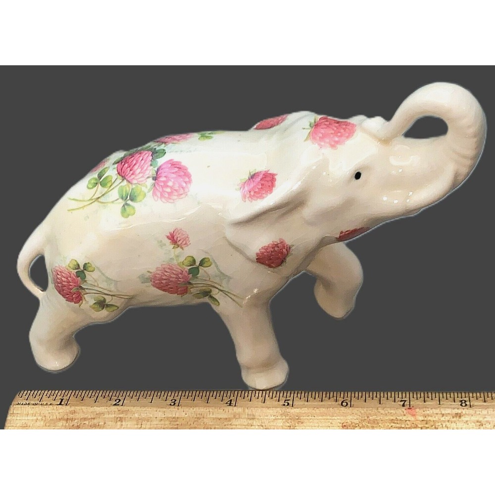 Cottage Granny Core Pink Thistle Flowers ELEPHANT Trunk Up Vtg Figurine 6" x 8" - Picture 11 of 12